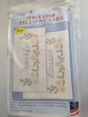 Perle Edge Pillowcases "Thankful" & "Blessed" Stamped For Embroidery With Floss